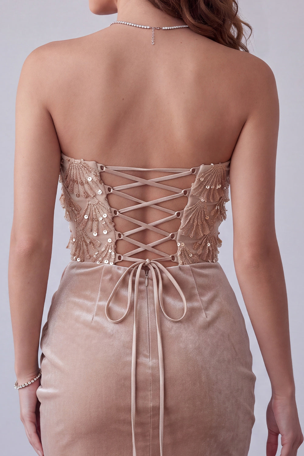 Sparkly Champagne Sequin Strapless Ruched Short Velvet Homecoming Dress