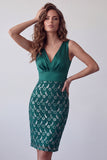 Sparkly Dark Green Bodycon Sequin Ruched Midi Homecoming Dress
