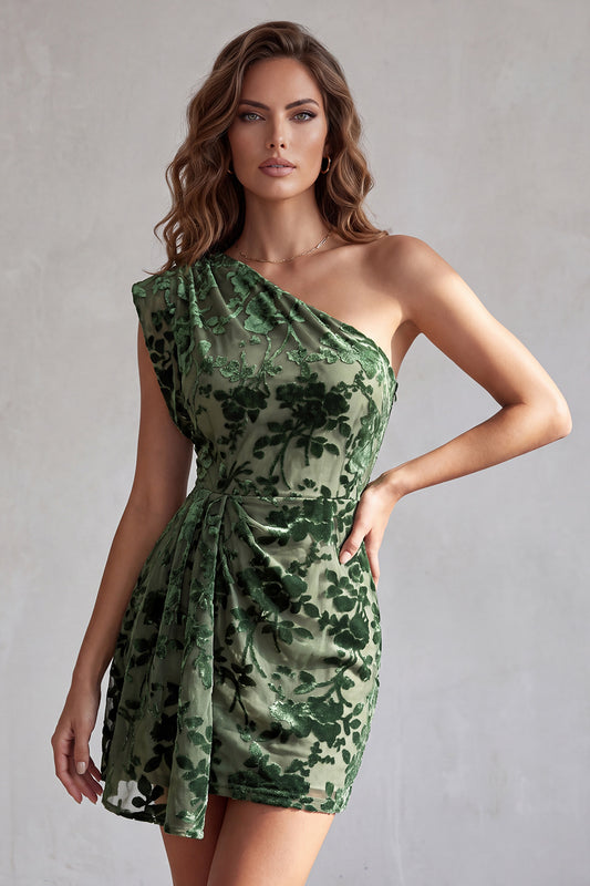 Eucalyptus Ruched Tight Floral Short Velvet Homecoming Dress with Sash
