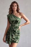Eucalyptus One Shoulder Tight Floral Short Velvet Homecoming Dress with Sash