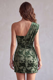 Eucalyptus One Shoulder Tight Floral Short Velvet Homecoming Dress with Sash