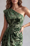 Eucalyptus One Shoulder Tight Floral Short Velvet Homecoming Dress with Sash