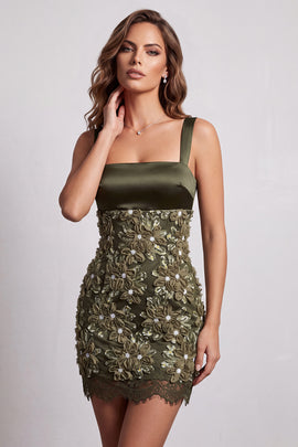 Sparkly Olive Floral Tight Sequin Short Homecoming Dress with Lace