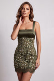 Sparkly Olive Floral Tight Sequin Short Homecoming Dress with Lace