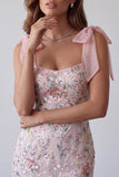 Sparkly Blush Tight Floral Sequin Short Homecoming Dress with Bows