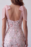 Sparkly Blush Tight Floral Sequin Short Homecoming Dress with Bows