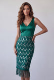 Sparkly Dark Green Sequin V-Neck Fringed Midi Homecoming Dress