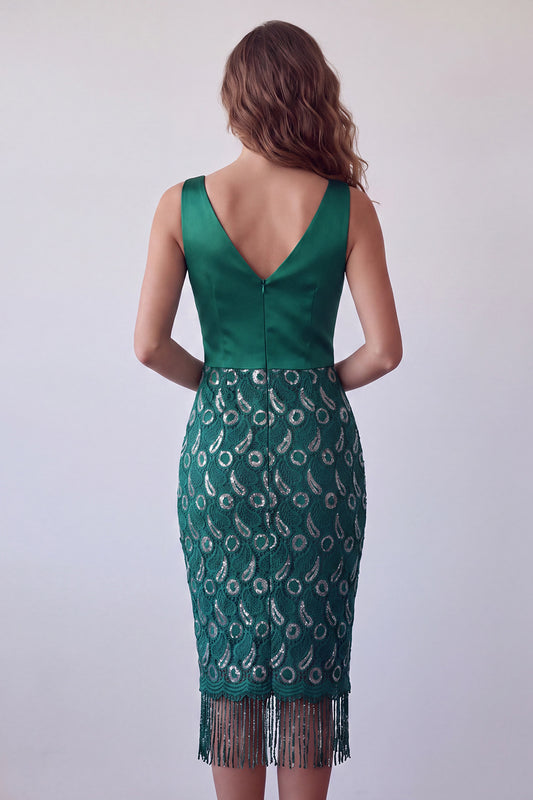 Sparkly Dark Green Satin Sequin V-Neck Fringed Midi Cocktail Dress