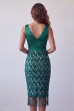 Sparkly Dark Green Sequin V-Neck Fringed Midi Homecoming Dress