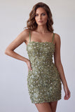 Sparkly Olive Tight Sequin Floral Short Homecoming Dress