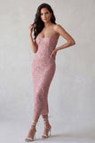 Sparkly Pink Bodycon Beaded Midi Homecoming Dress with Slit