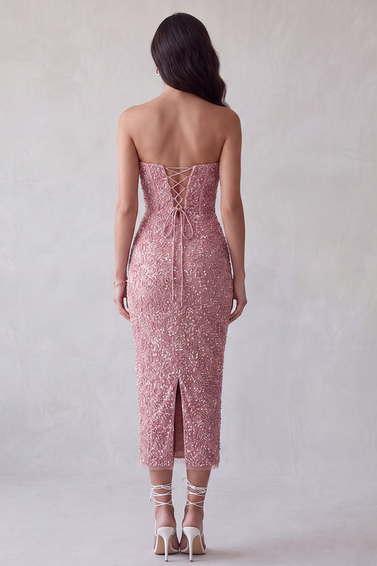 Sparkly Pink Beaded Sweetheart Bodycon Midi Cocktail Dress with Slit