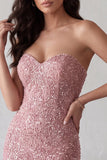 Sparkly Pink Bodycon Beaded Midi Homecoming Dress with Slit