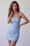 Sparkly Sky Blue Tight Strapless Sequins Short Homecoming Dress