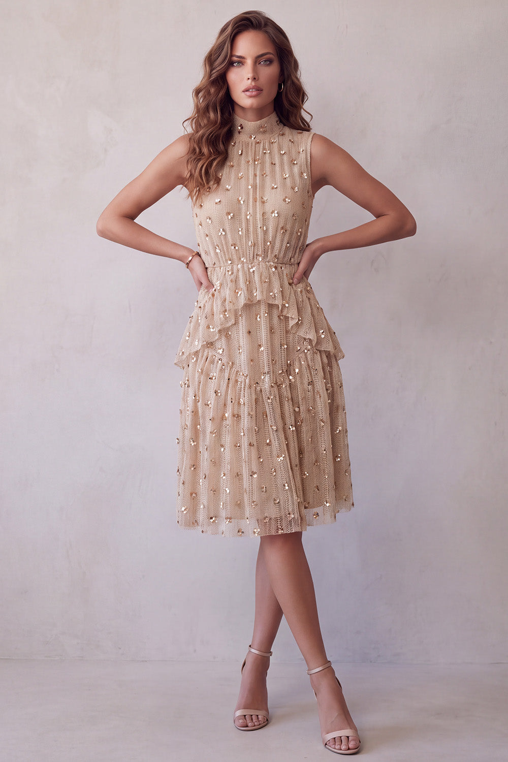 Sparkly Champagne A Line Floral Sequin Midi Cocktail Dress