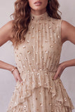 Sparkly Champagne A Line Floral Sequin Midi Cocktail Dress