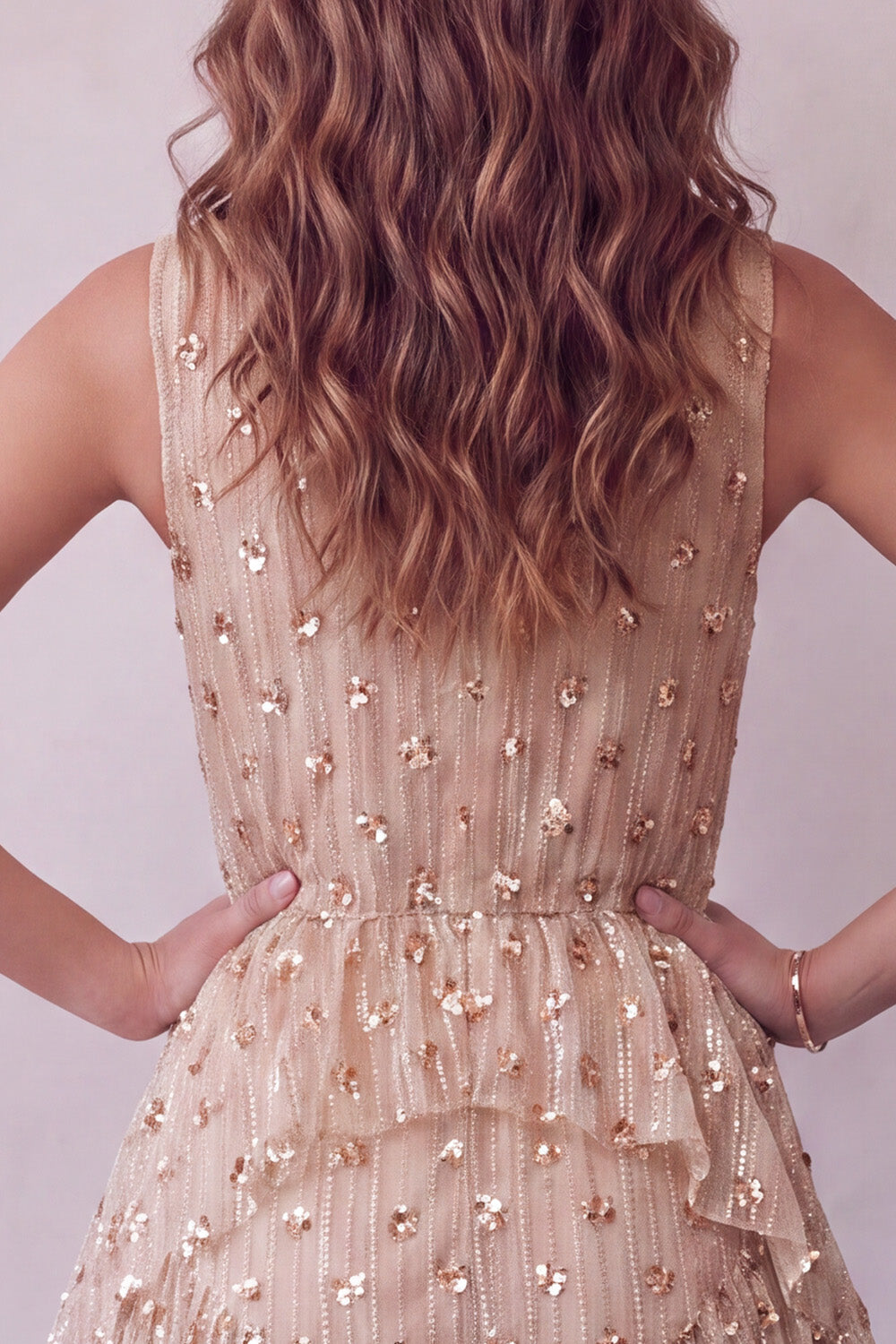 Sparkly Champagne A Line Floral Sequin Midi Cocktail Dress