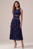 Navy Floral Boat Neck Midi Velvet Holiday Dress with Lace