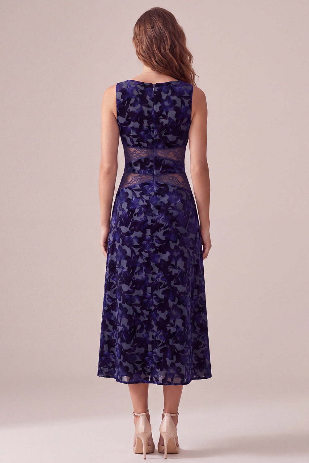 Navy Floral Boat Neck Midi Velvet Holiday Dress with Lace