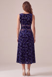 Navy Floral Boat Neck Midi Velvet Holiday Dress with Lace