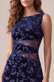 Navy Floral Boat Neck Midi Velvet Holiday Dress with Lace