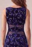 Navy Floral Boat Neck Midi Velvet Holiday Dress with Lace
