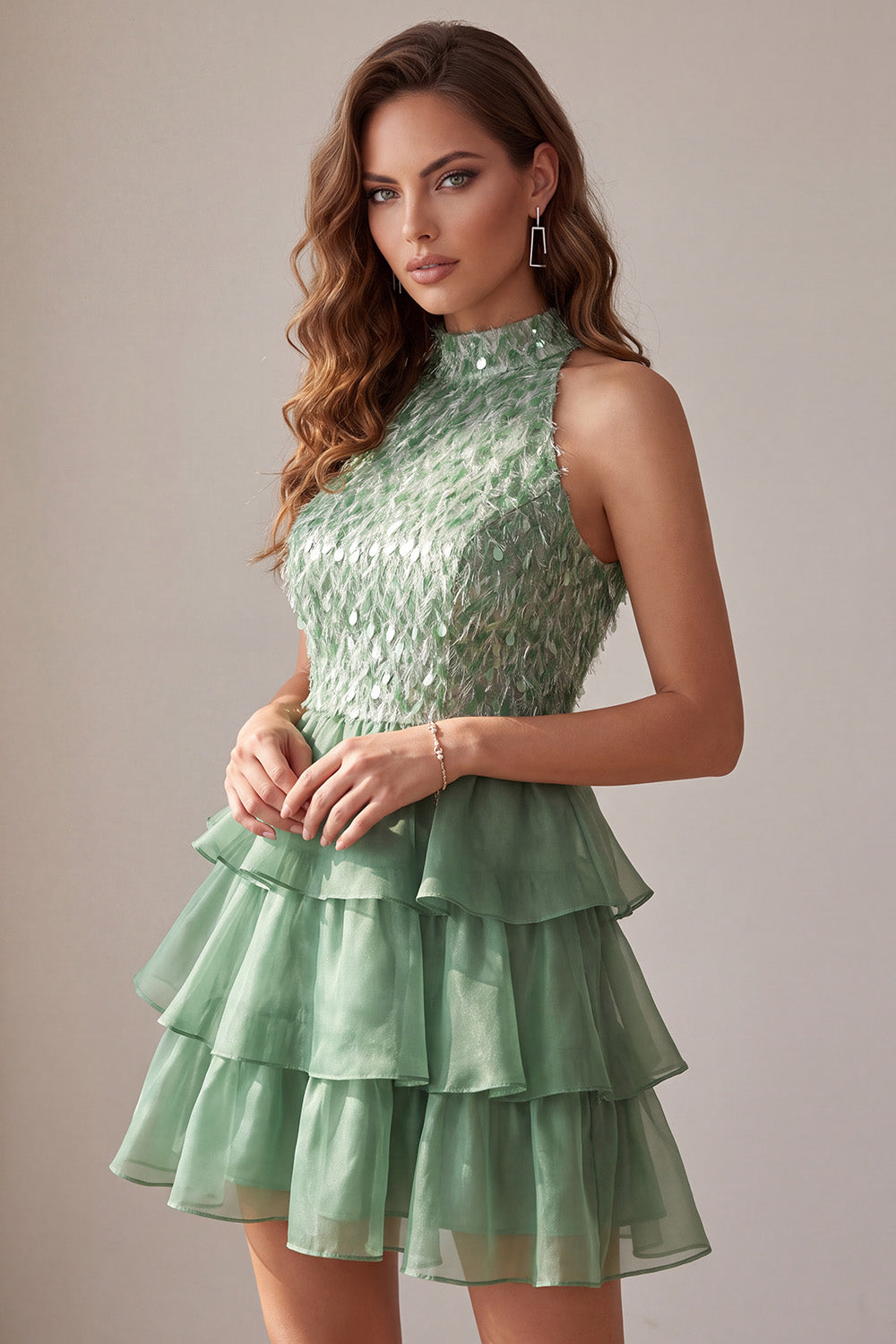 Sparkly Green A Line Tiered Feathered Ruffled Short Homecoming Dress