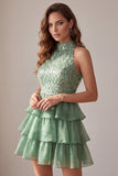 Sparkly Green A Line Tiered Feathered Ruffled Short Homecoming Dress