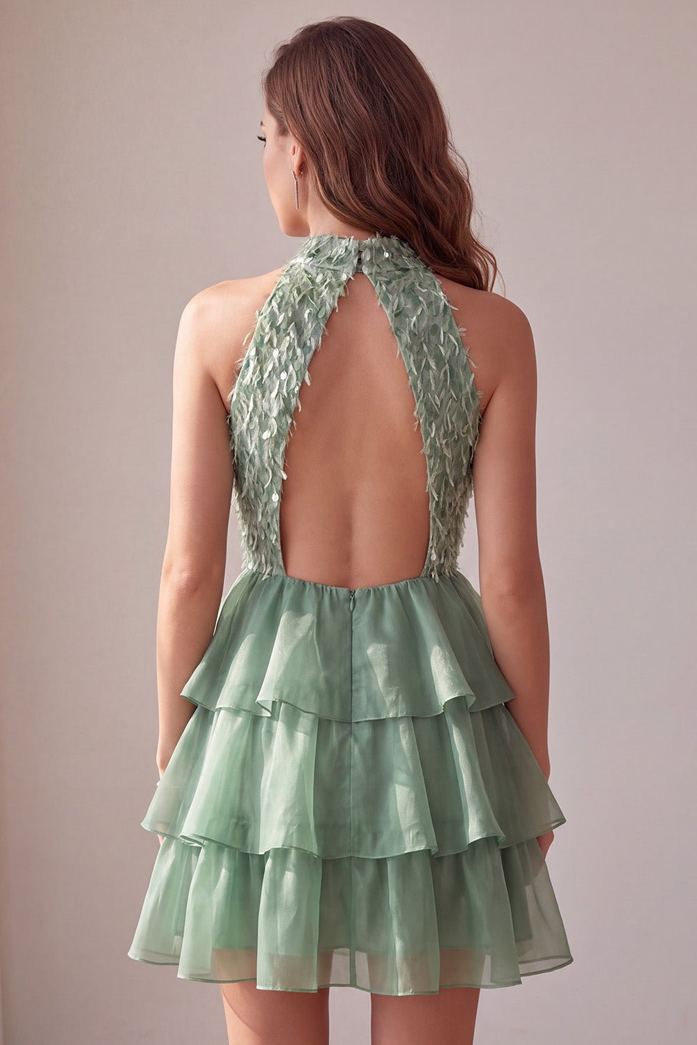 Sparkly Green A Line Tiered Feathered Ruffled Short Homecoming Dress