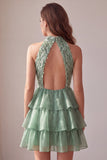 Sparkly Green A Line Tiered Feathered Ruffled Short Homecoming Dress