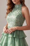 Sparkly Green A Line Tiered Feathered Ruffled Short Homecoming Dress