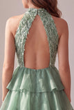 Sparkly Green A Line Tiered Feathered Ruffled Short Homecoming Dress