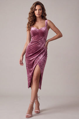 Fuchsia Bodycon Ruched Midi Velvet Holiday Dress with Slit