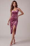 Fuchsia Bodycon Ruched Midi Velvet Holiday Dress with Slit