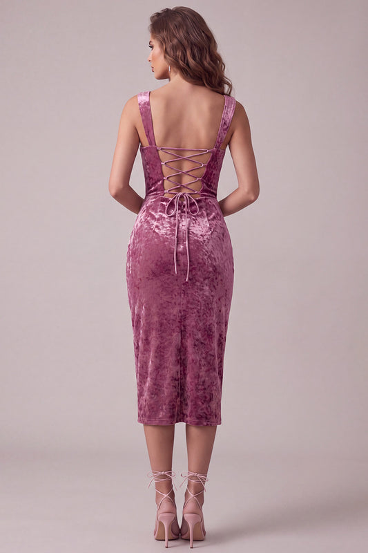 Fuchsia Bodycon Ruched Midi Velvet Holiday Dress with Slit