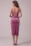 Fuchsia Bodycon Ruched Midi Velvet Holiday Dress with Slit