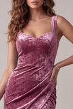 Fuchsia Bodycon Ruched Midi Velvet Holiday Dress with Slit