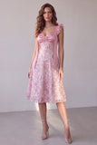 Pink A-Line Sequins Floral Ruffle Sleeves Midi Cocktail Dress