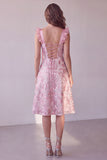 Pink A-Line Sequins Floral Ruffle Sleeves Midi Cocktail Dress