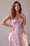 Pink A-Line Sequins Floral Ruffle Sleeves Midi Cocktail Dress