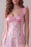Pink A-Line Sequins Floral Ruffle Sleeves Midi Cocktail Dress