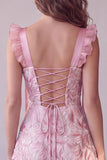 Pink A-Line Sequins Floral Ruffle Sleeves Midi Cocktail Dress