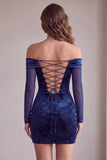 Navy Tight Velvet Floral Short Homecoming Dress with Sleeves