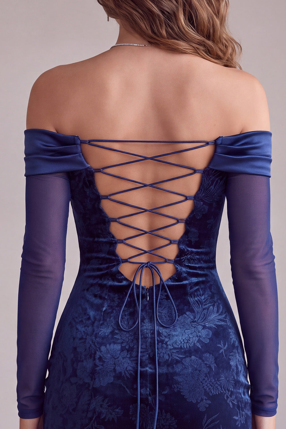 Navy Tight Velvet Floral Short Homecoming Dress with Sleeves