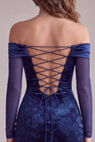 Navy Tight Velvet Floral Short Homecoming Dress with Sleeves