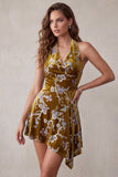 Mustard Gold Velvet A-Line Halter Floral Short Homecoming Dress