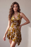 Mustard Gold Velvet A-Line Halter Floral Short Homecoming Dress