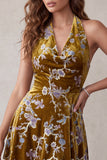 Mustard Gold Velvet A-Line Halter Floral Short Homecoming Dress