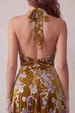 Mustard Gold Velvet A-Line Halter Floral Short Homecoming Dress