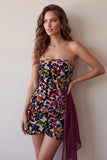 Burgundy Floral Tight Short Velvet Homecoming Dress with Sash